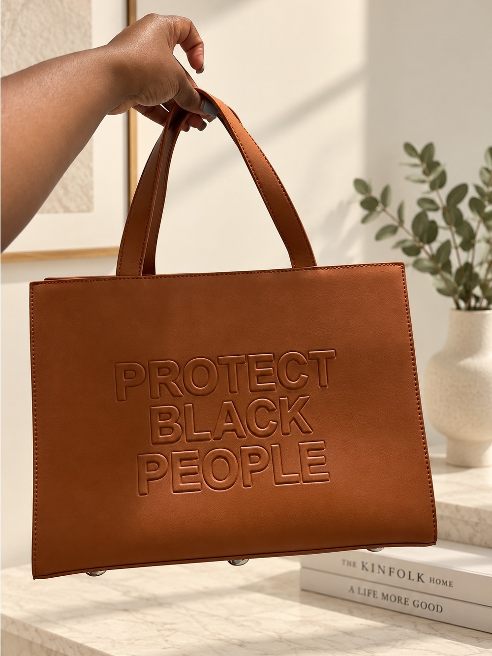 Protect Black People Embossed Tote - Brown Leather